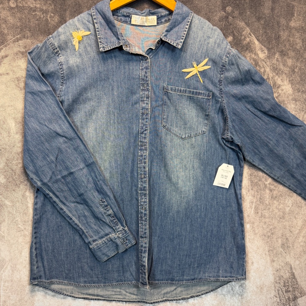 Time and Tru Denim Snap Front Top Women XL 16-18 Blue Embroidered Boho Cottage